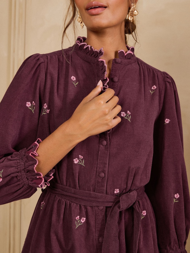 Love & Roses Burgundy Red Floral Emrboidered Cord Frill Collar Mini Dress - Image 2 of 4 Love & Roses Burgundy Red Floral Emrboidered Cord Frill Collar Mini Dress - Image 2 of 4