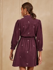 Love & Roses Burgundy Red Floral Emrboidered Cord Frill Collar Mini Dress - Image 4 of 4