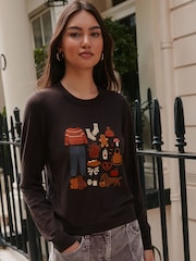 Chocolate Brown Autumnal Embroidery Cotton Rich Soft Touch Long Sleeve Crew Neck Jumper - Image 1 of 7