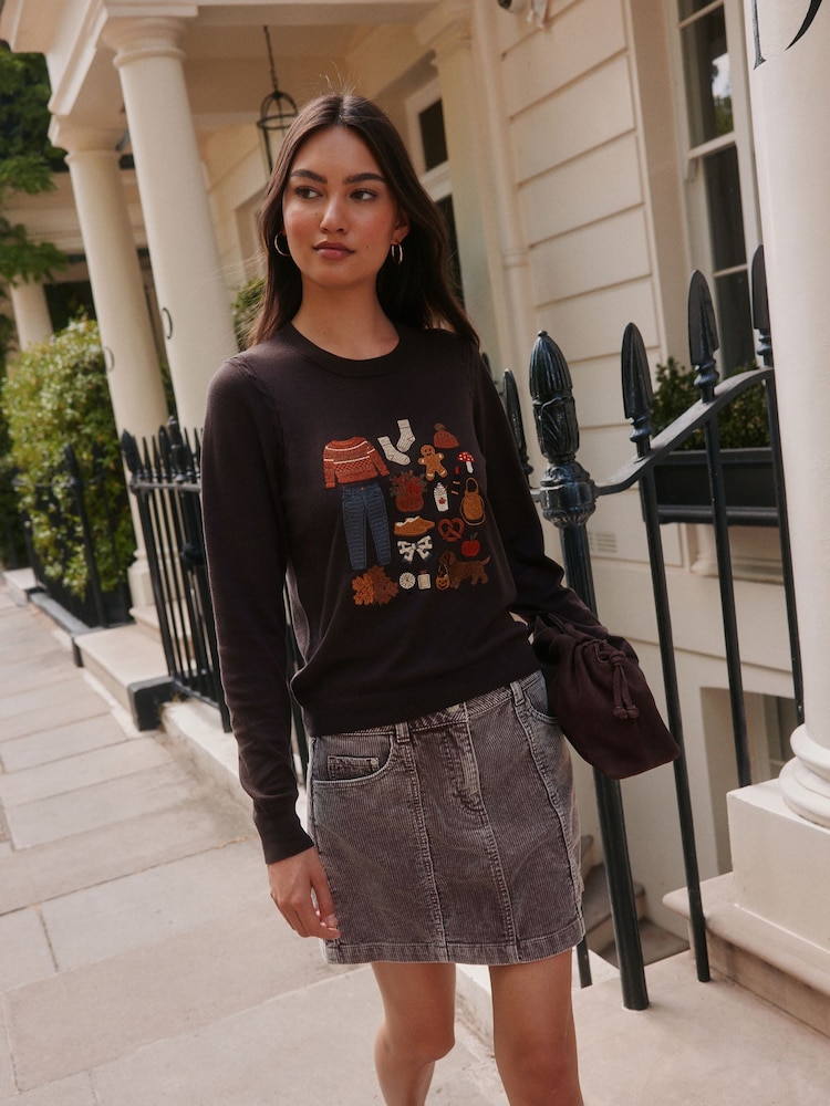 Chocolate Brown Autumnal Embroidery Cotton Rich Soft Touch Long Sleeve Crew Neck Jumper - Image 2 of 7 Chocolate Brown Autumnal Embroidery Cotton Rich Soft Touch Long Sleeve Crew Neck Jumper - Image 2 of 7