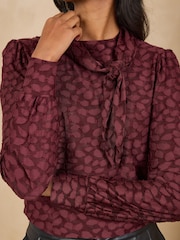 Love & Roses Burgundy Red Textured Animal Jersey Tie Neck Top - Image 2 of 4
