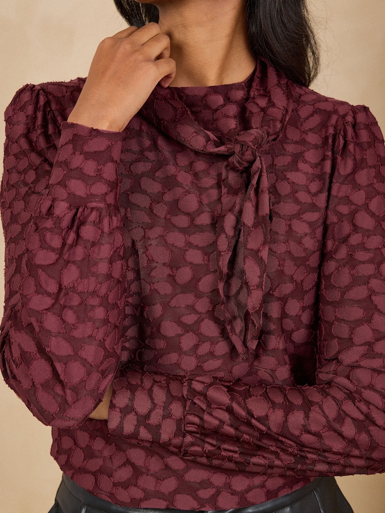 Love & Roses Burgundy Red Textured Animal Jersey Tie Neck Top - Image 2 of 4 Love & Roses Burgundy Red Textured Animal Jersey Tie Neck Top - Image 2 of 4