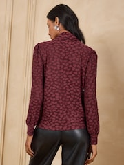 Love & Roses Burgundy Red Textured Animal Jersey Tie Neck Top - Image 4 of 4