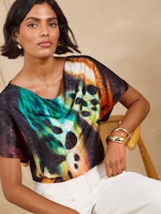 Love & Roses Black Ombre Print Cowl Neck Satin Front Jersey Back Top - Image 1 of 5