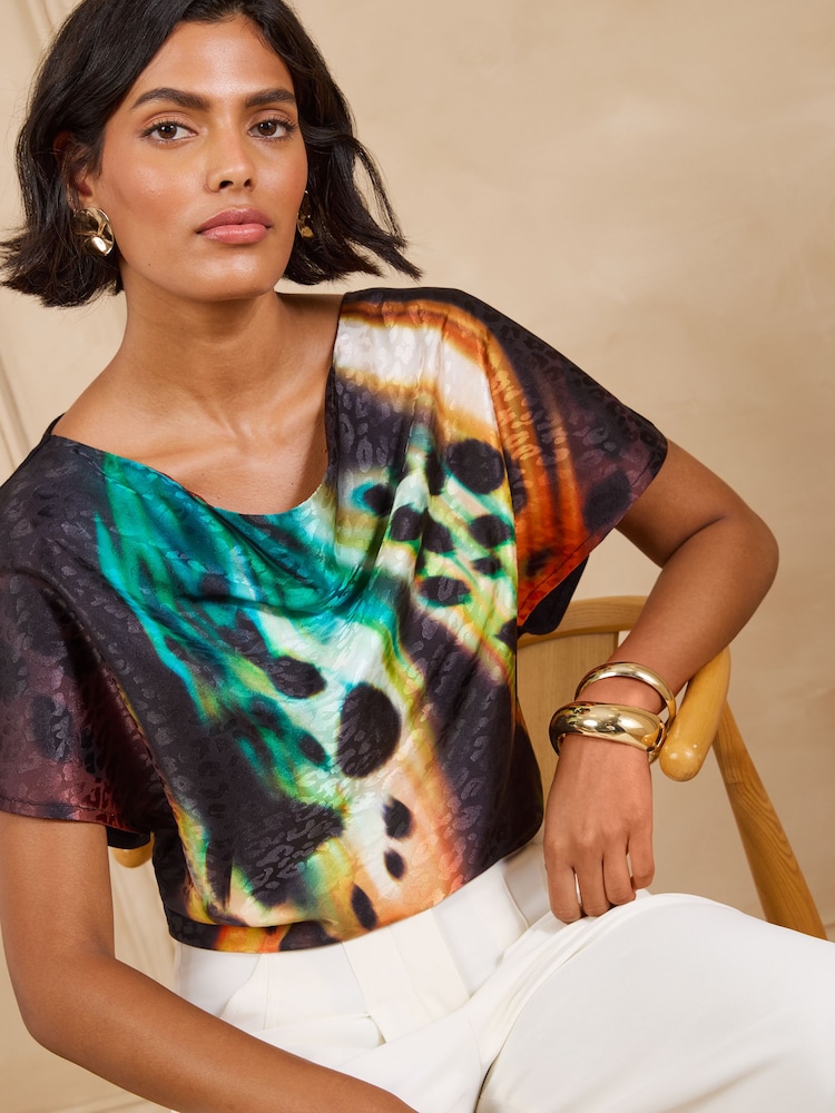 Love & Roses Black Ombre Print Cowl Neck Satin Front Jersey Back Top - Image 1 of 5 Love & Roses Black Ombre Print Cowl Neck Satin Front Jersey Back Top - Image 1 of 5