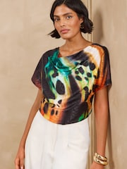 Love & Roses Black Ombre Print Cowl Neck Satin Front Jersey Back Top - Image 4 of 5