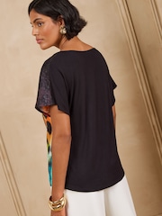 Love & Roses Black Ombre Print Cowl Neck Satin Front Jersey Back Top - Image 5 of 5