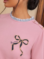 Love & Roses Rose Pink Embroidered Bow Long Sleeve Jersey Top - Image 2 of 4