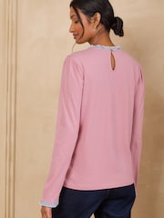 Love & Roses Rose Pink Embroidered Bow Long Sleeve Jersey Top - Image 4 of 4