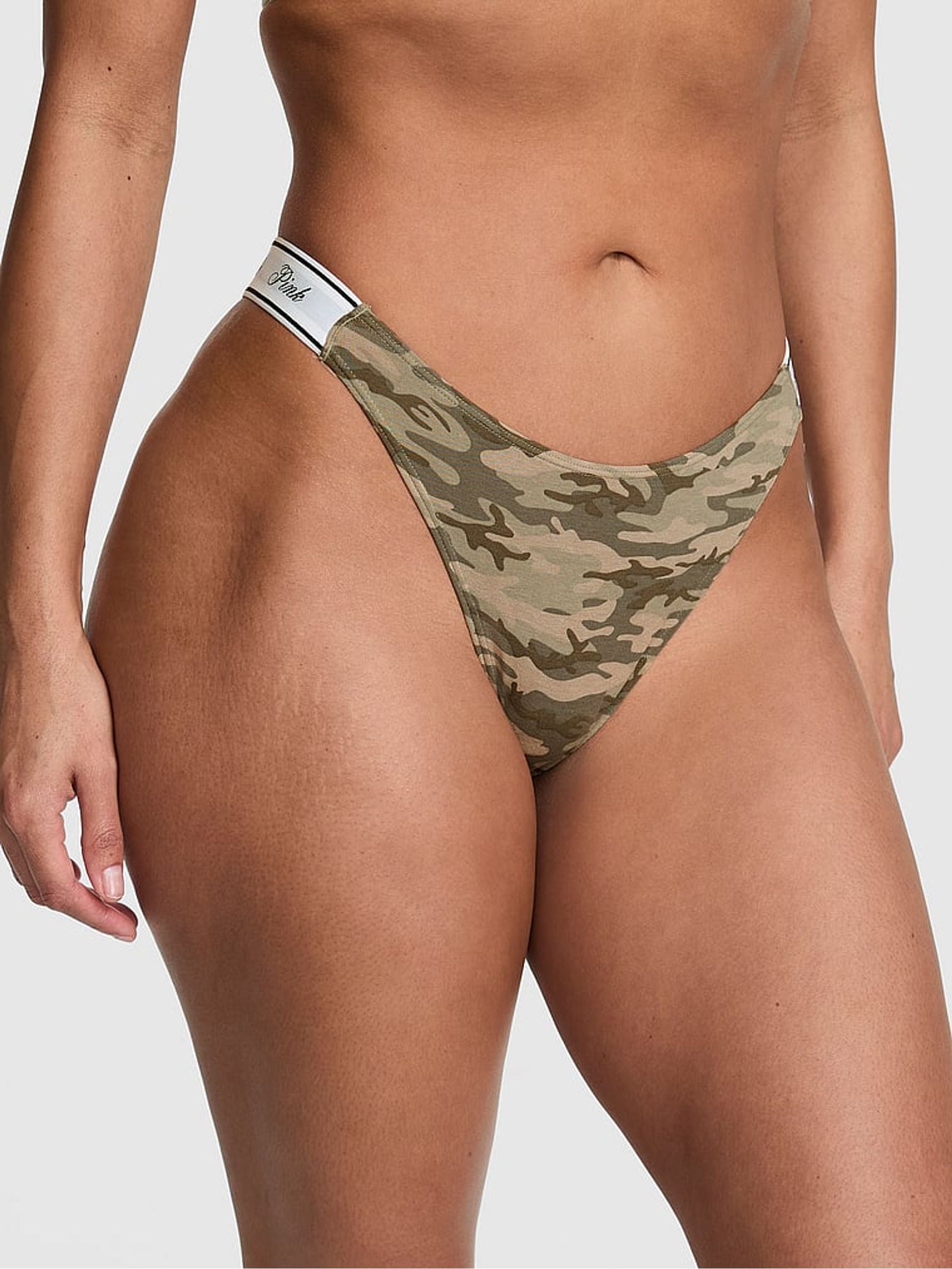 Victoria's Secret PINK Green Camo Thong Cotton Logo Knickers