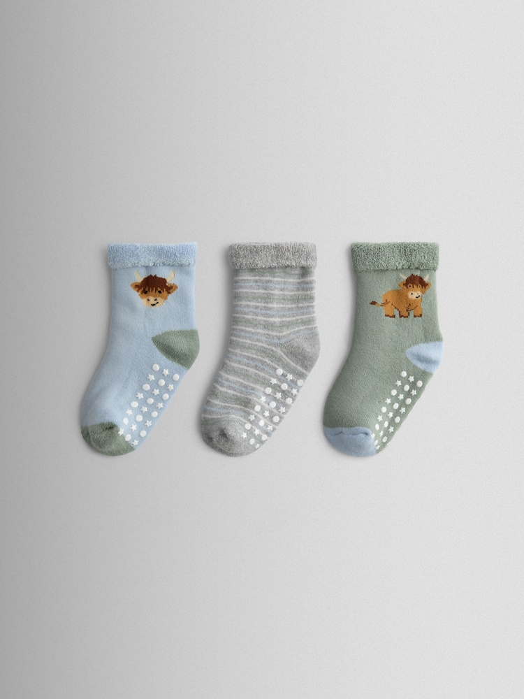 JoJo Maman Bébé Light Blue 3-Pack Highland Cow Socks - Image 1 of 5