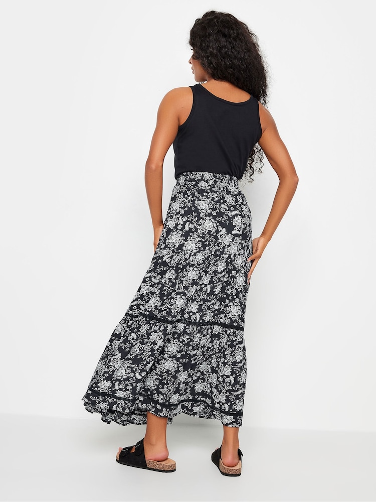 M&Co Blue Petite Black & White Damask Print Tiered Maxi Skirt - Image 3 of 5
