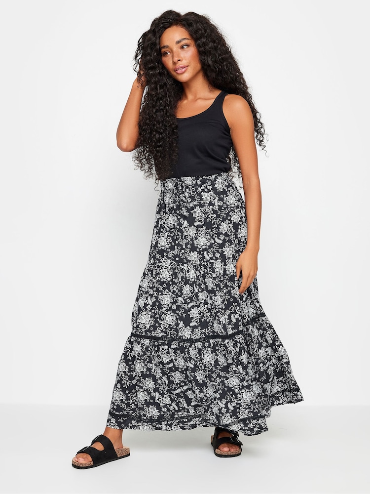 M&Co Blue Petite Black & White Damask Print Tiered Maxi Skirt - Image 4 of 5