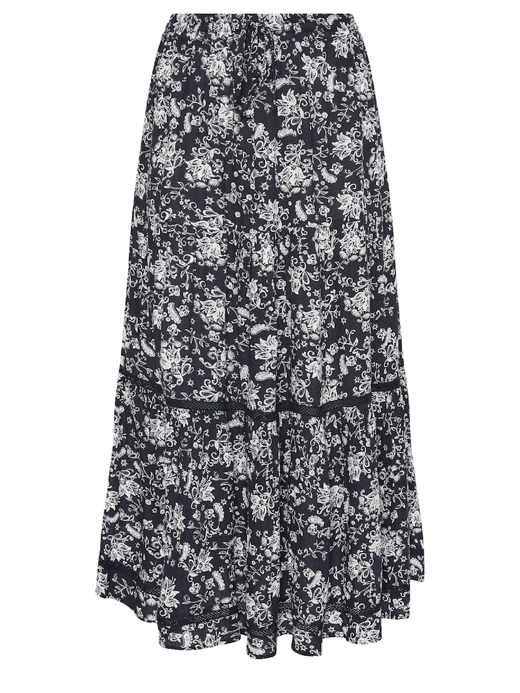 M&Co Blue Petite Black & White Damask Print Tiered Maxi Skirt - Image 5 of 5