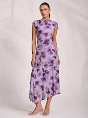 Jolie Moi Purple Asymmetric Draped Mesh Midaxi Dress - Image 1 of 7