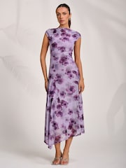 Jolie Moi Purple Asymmetric Draped Mesh Midaxi Dress - Image 3 of 7