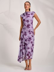 Jolie Moi Purple Asymmetric Draped Mesh Midaxi Dress - Image 7 of 7