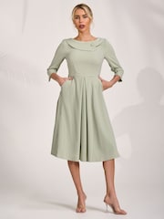 Jolie Moi Green 3/4 Sleeve Fold Neck Midi Dress - Image 1 of 6