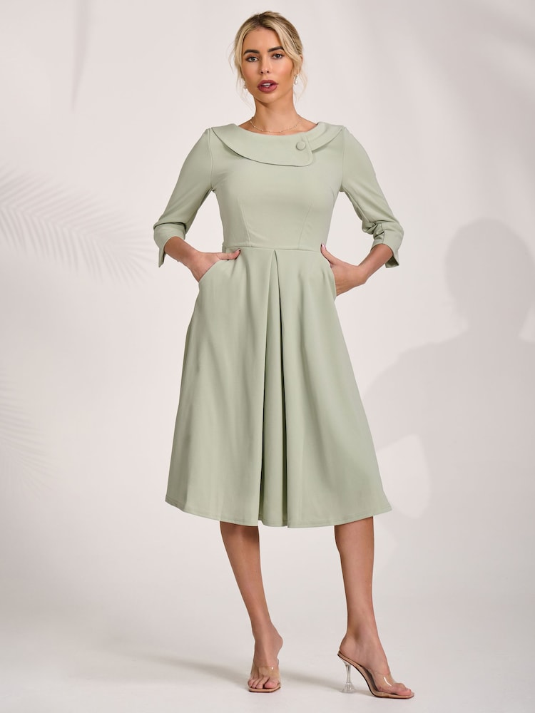 Jolie Moi Green 3/4 Sleeve Fold Neck Midi Dress - Image 1 of 6