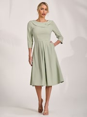 Jolie Moi Green 3/4 Sleeve Fold Neck Midi Dress - Image 5 of 6