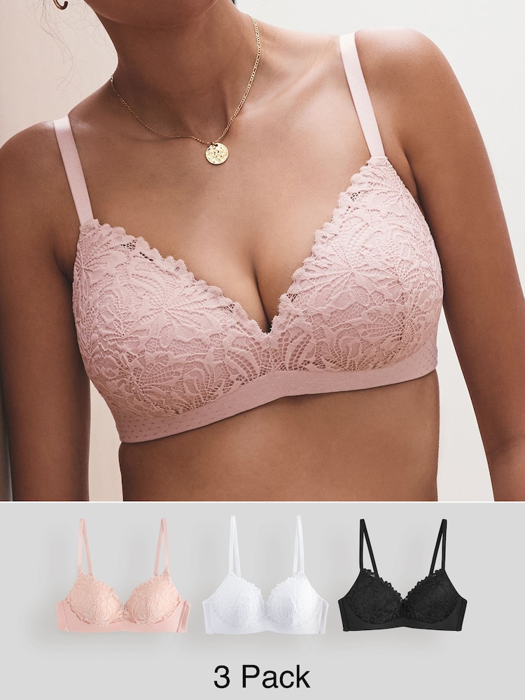 Black/White/Light Pink Pad Non Wire Lace Ultimate Comfort Bras 3 Pack - Image 1 of 19 Black/White/Light Pink Pad Non Wire Lace Ultimate Comfort Bras 3 Pack - Image 1 of 19