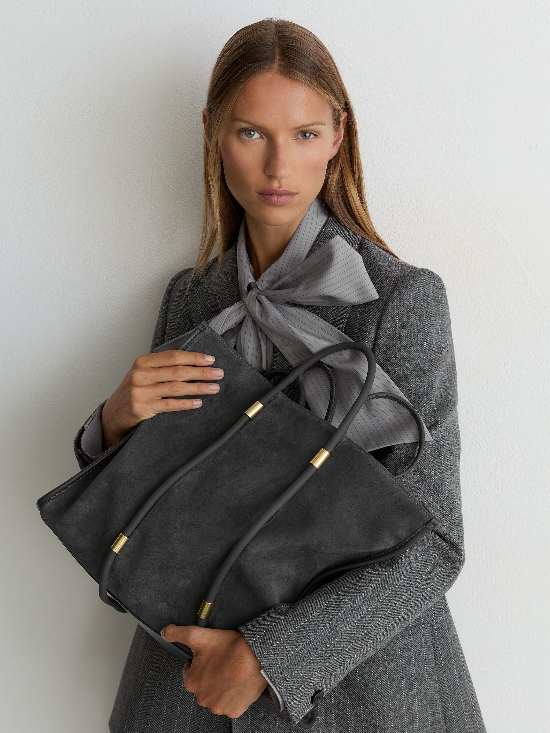 Reiss Grey Ramona Suede Oversized Tote Bag