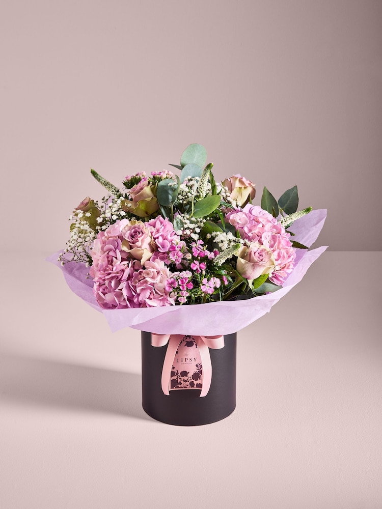 Lipsy Lilac Purple Hydrangea & Rose Flower Bouquet in Hatbox - Image 1 of 6 Lipsy Lilac Purple Hydrangea & Rose Flower Bouquet in Hatbox - Image 1 of 6