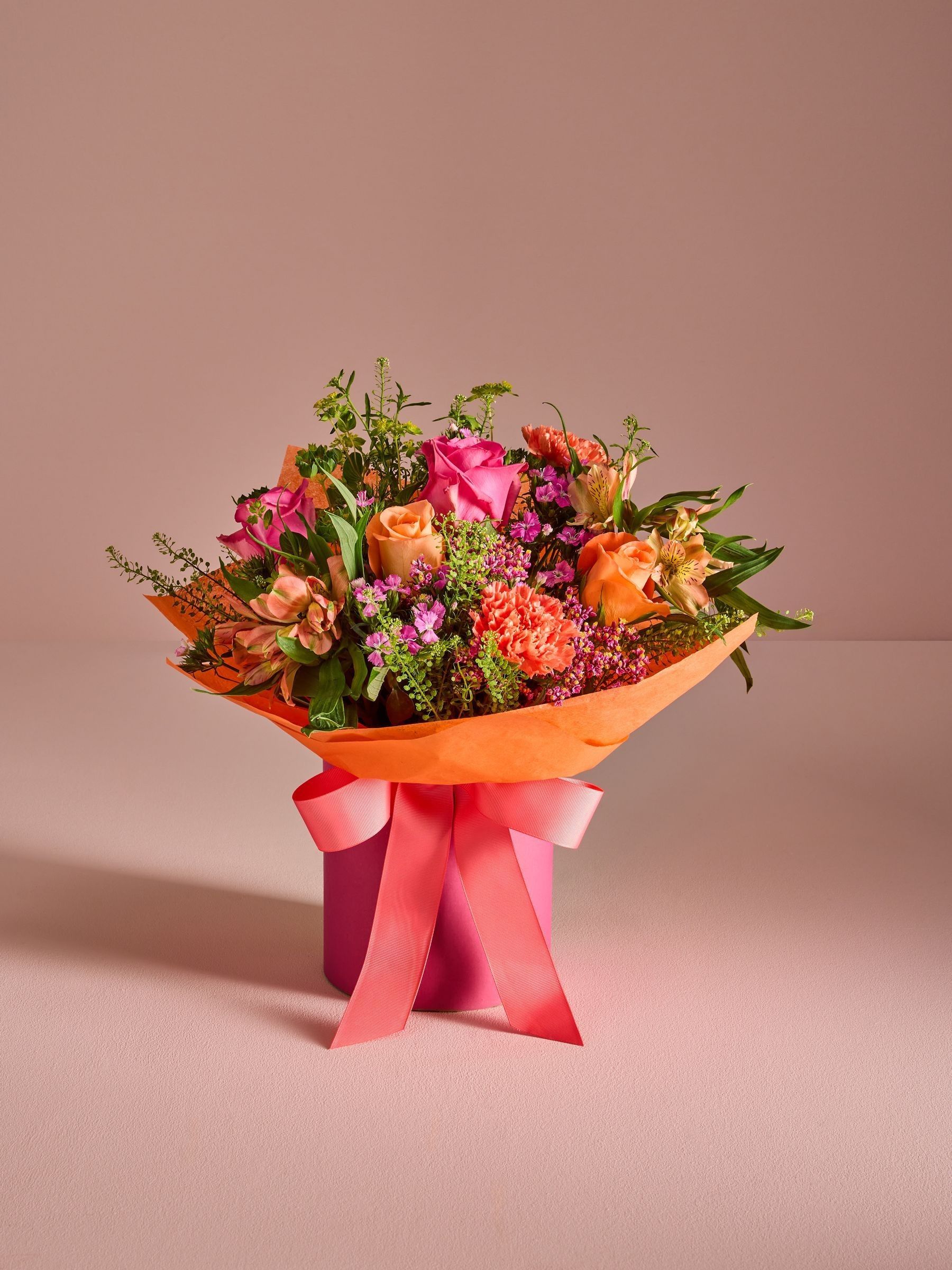 Buy Pink/Orange Rose and Carnation Flower Bouquet in Hatbox from