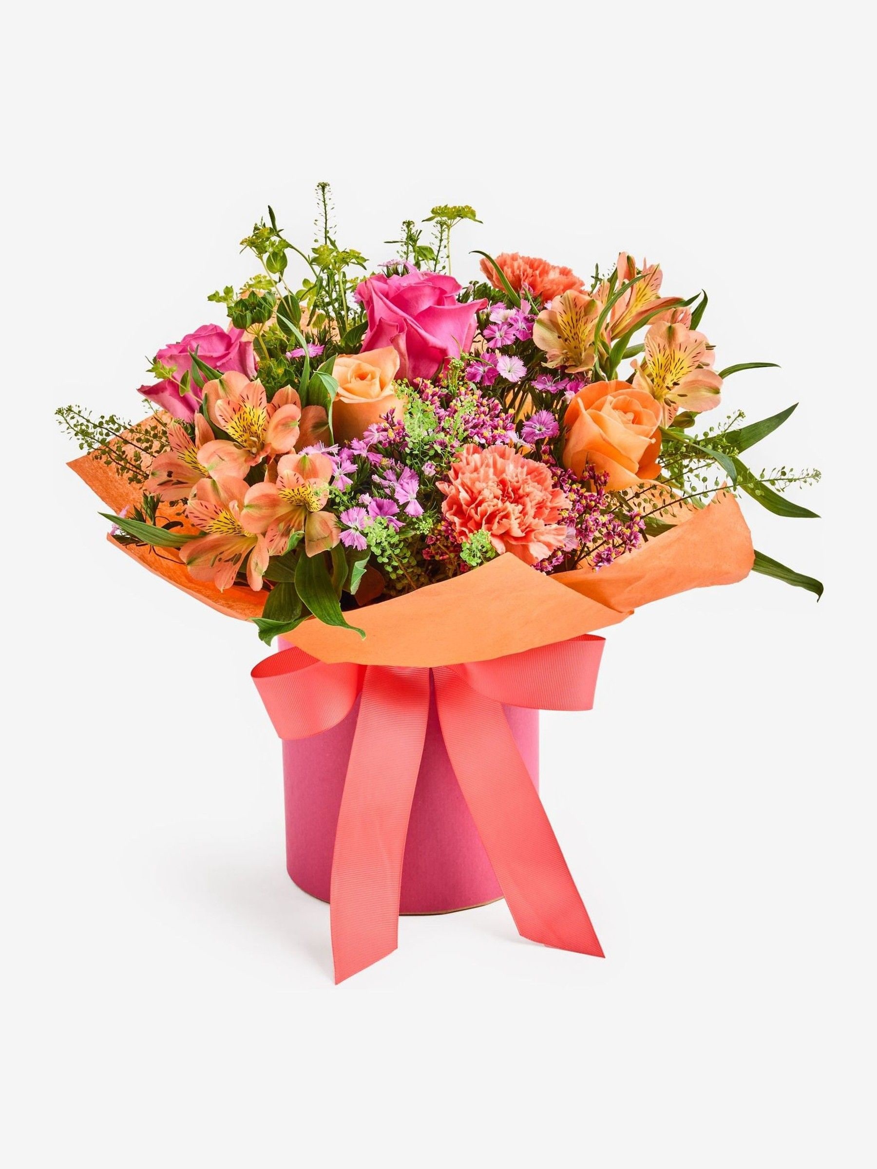 Buy Pink/Orange Rose and Carnation Flower Bouquet in Hatbox from