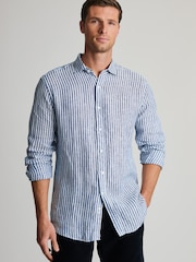Brook Taverner Navy Blue Pure Linen Stripe Shirt - Image 3 of 8