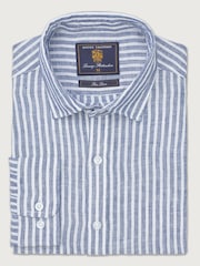 Brook Taverner Navy Blue Pure Linen Stripe Shirt - Image 5 of 8