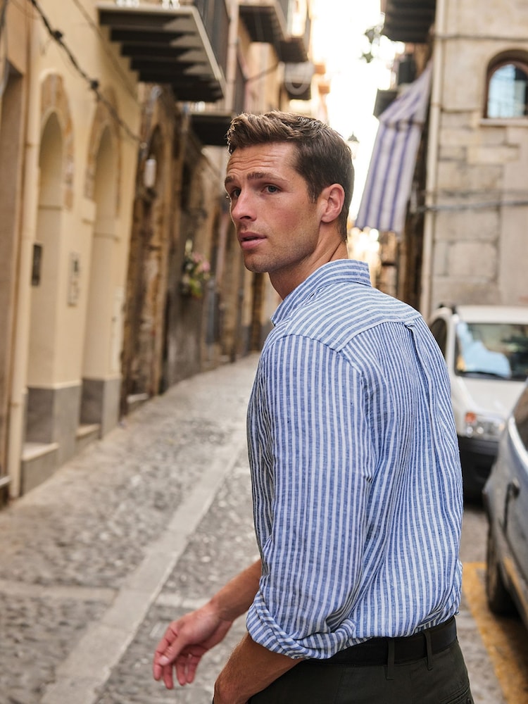 Brook Taverner Navy Blue Pure Linen Stripe Shirt - Image 8 of 8