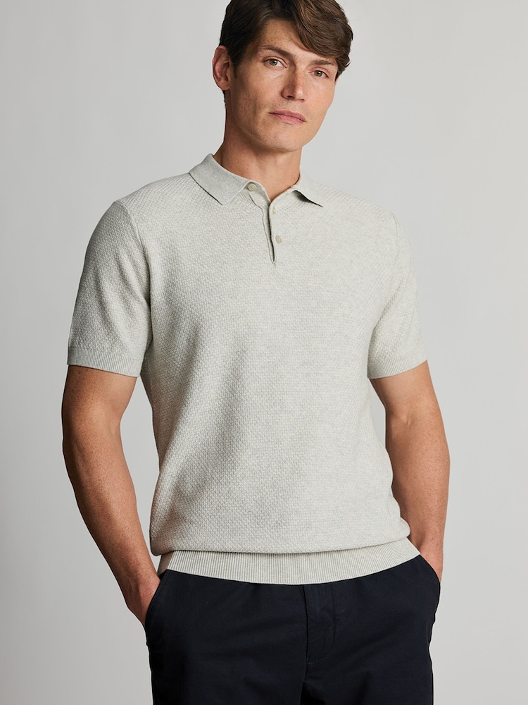 Brook Taverner Grey Textured Cotton Knitted Polo Shirt - Image 1 of 4 Brook Taverner Grey Textured Cotton Knitted Polo Shirt - Image 1 of 4