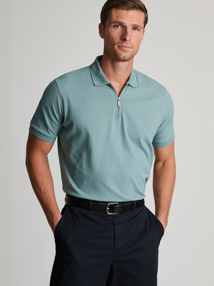 Brook Taverner Green Textured Zip Neck Cotton Polo Shirt - Image 2 of 5