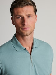 Brook Taverner Green Textured Zip Neck Cotton Polo Shirt - Image 3 of 5