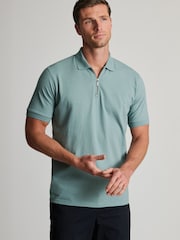 Brook Taverner Green Textured Zip Neck Cotton Polo Shirt - Image 6 of 6