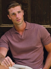 Brook Taverner Purple Notch Neck Cotton Lyocell Knitted Polo Shirt - Image 1 of 6