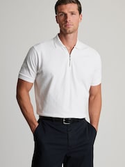 Brook Taverner White Textured Zip Neck Cotton Polo Shirt - Image 2 of 4