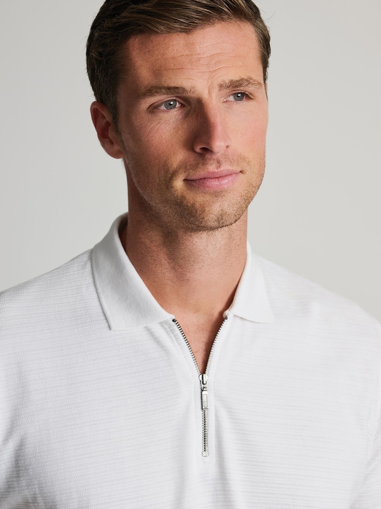 Brook Taverner White Textured Zip Neck Cotton Polo Shirt - Image 6 of 6