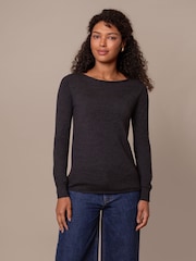 Celtic & Co. Grey Merino Fine Knit Boat Neck Top - Image 1 of 3