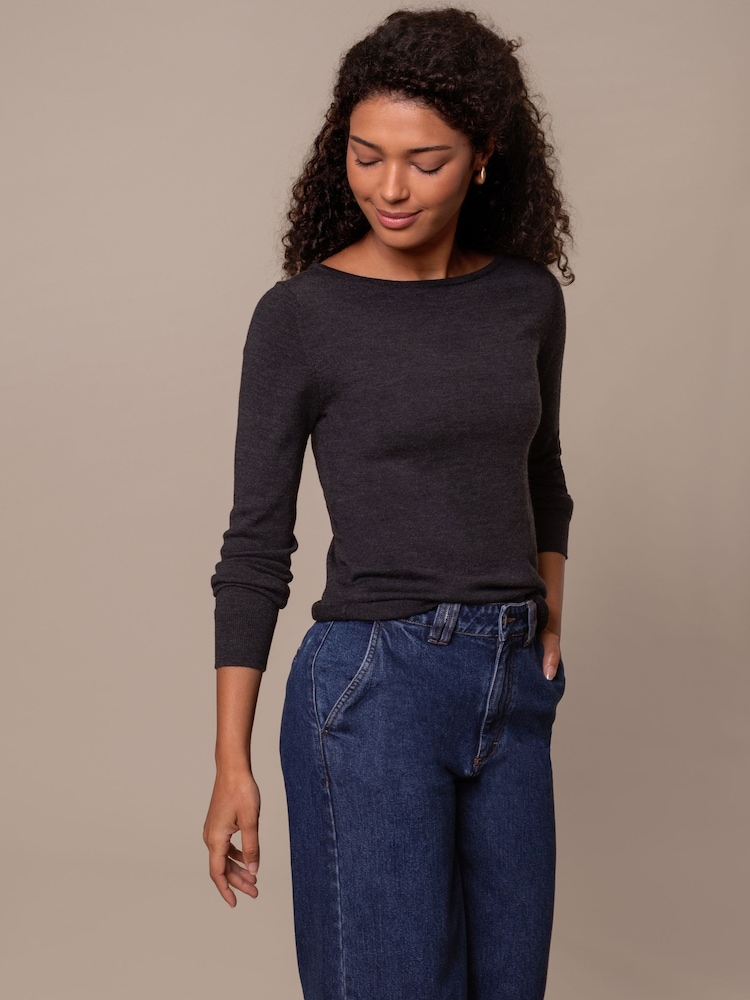 Celtic & Co. Grey Merino Fine Knit Boat Neck Top - Image 2 of 3