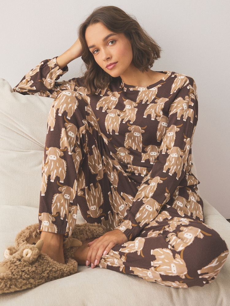 Chocolate Brown Hamish The Highland Cow Cosy Long Sleeve Pyjamas - Image 1 of 4 Chocolate Brown Hamish The Highland Cow Cosy Long Sleeve Pyjamas - Image 1 of 4