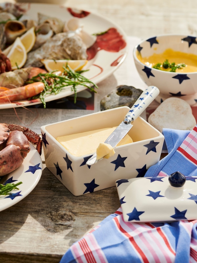 Emma Bridgewater Cream Small Blue Star Butter Dish - Image 1 of 4 Emma Bridgewater Cream Small Blue Star Butter Dish - Image 1 of 4