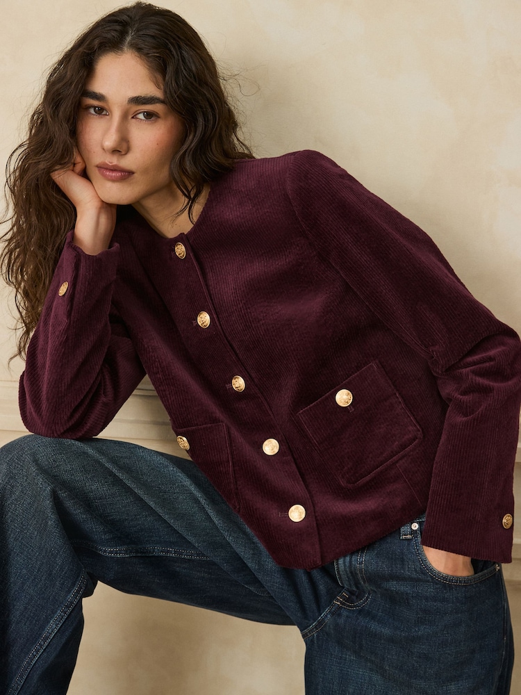 Burgundy Red Corduroy Collarless Jacket - Image 1 of 9 Burgundy Red Corduroy Collarless Jacket - Image 1 of 9