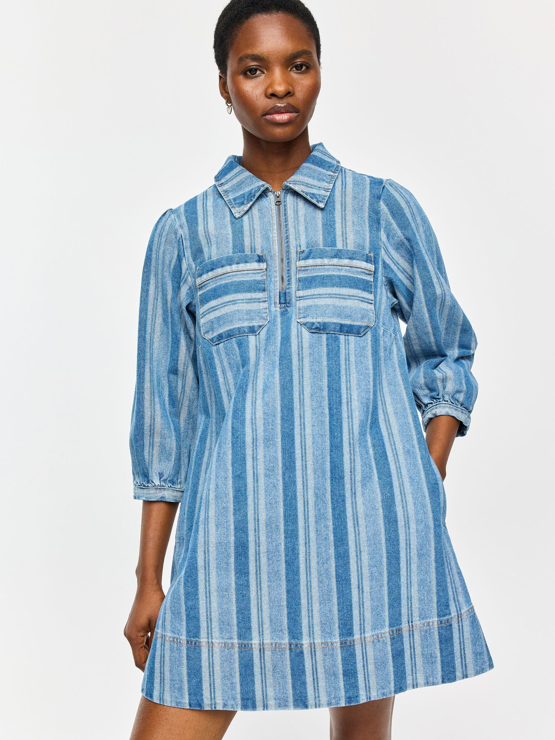 Buy Oliver Bonas Blue Denim Striped Half Zip Mini Dress from Next USA
