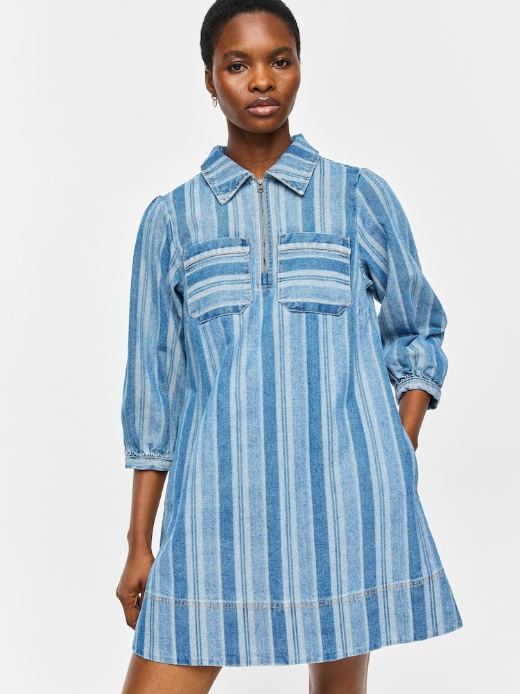 Oliver Bonas Blue Denim Striped Half Zip Mini Dress - Image 1 of 8
