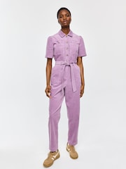 Oliver Bonas Purple Corduroy Button Up Tie Waist Jumpsuit - Image 1 of 8