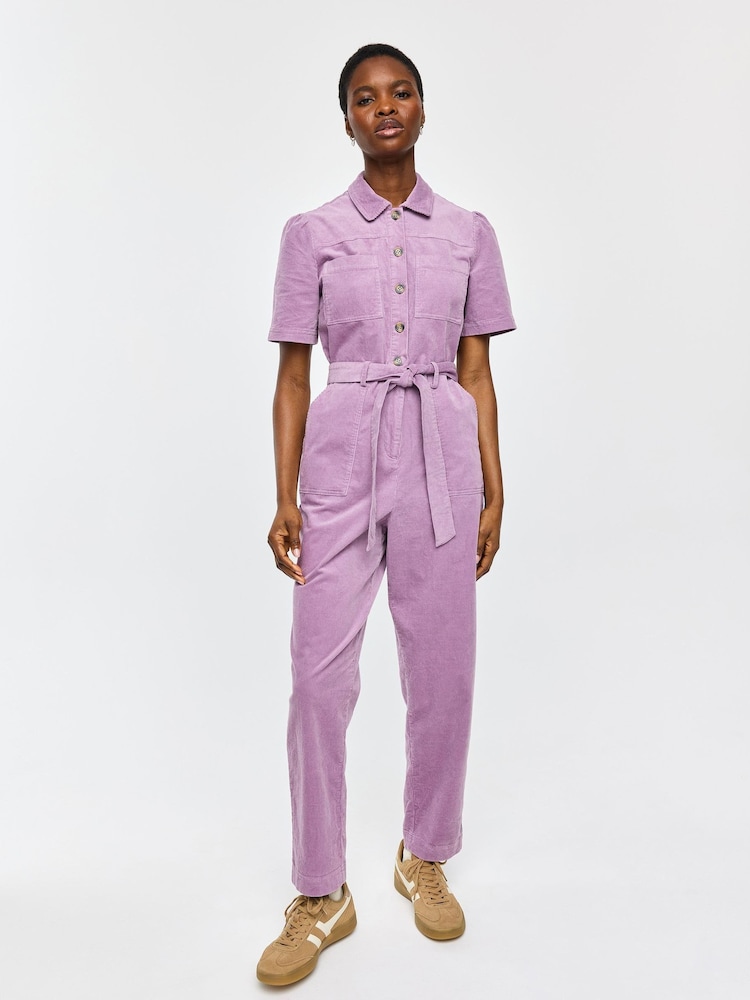 Oliver Bonas Purple Corduroy Button Up Tie Waist Jumpsuit - Image 1 of 8 Oliver Bonas Purple Corduroy Button Up Tie Waist Jumpsuit - Image 1 of 8