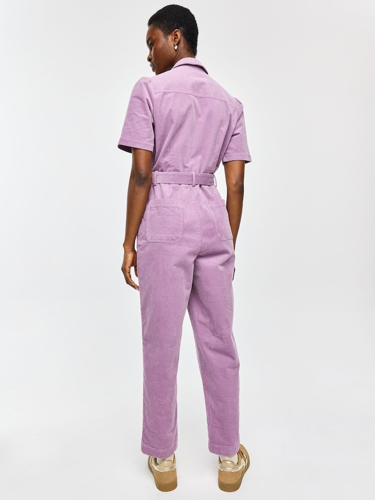 Oliver Bonas Purple Corduroy Button Up Tie Waist Jumpsuit - Image 2 of 8 Oliver Bonas Purple Corduroy Button Up Tie Waist Jumpsuit - Image 2 of 8