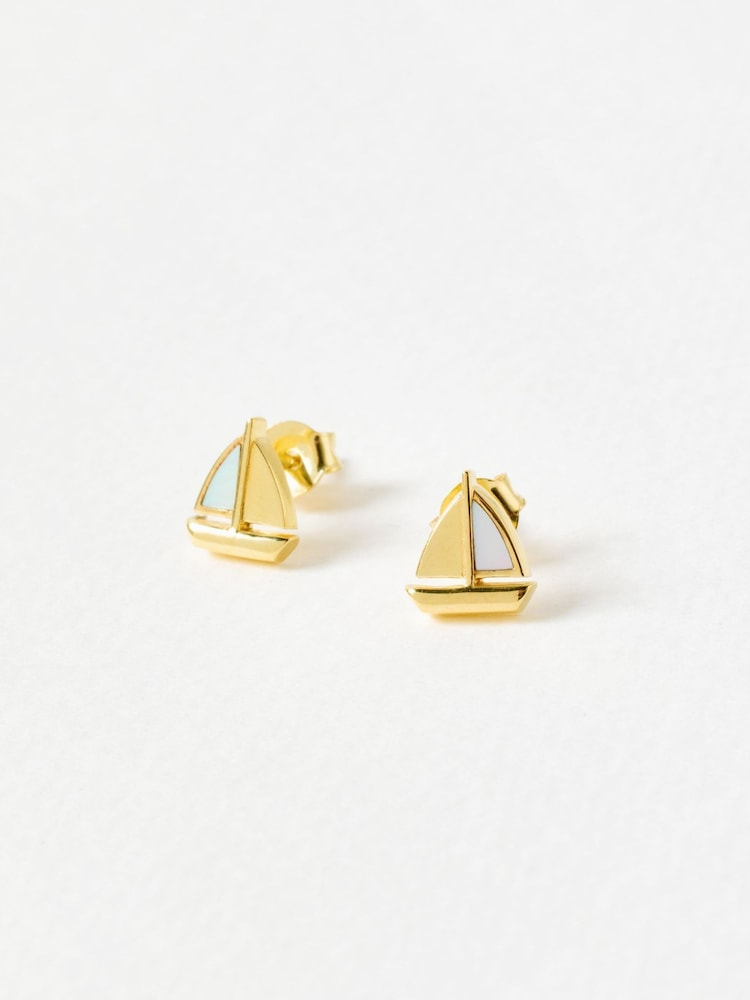Oliver Bonas Gold Tone Marina Mother of Pearl Sailboat Stud Earrings - Image 1 of 2